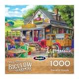 The ROSEART-BIGELOW COUNTRY-GENERAL GOODS-1000 PIECE JIGSAW PUZZLE features a vibrant country general store scene with a vintage car, general goods on display, and two girls playing—perfect for puzzle enthusiasts.