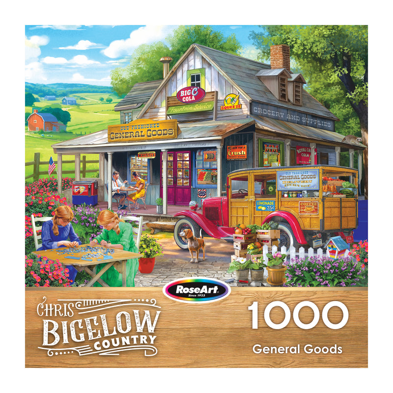 The ROSEART-BIGELOW COUNTRY-GENERAL GOODS-1000 PIECE JIGSAW PUZZLE features a vibrant country general store scene with a vintage car, general goods on display, and two girls playing—perfect for puzzle enthusiasts.