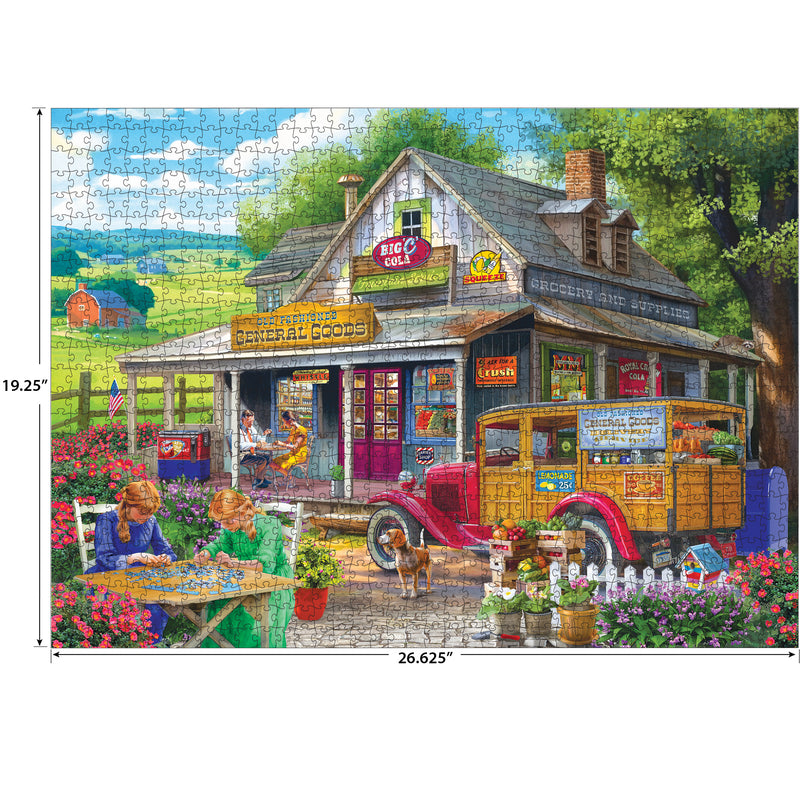 The ROSEART-BIGELOW COUNTRY-GENERAL GOODS 1000 piece jigsaw puzzle features a vibrant scene of a vintage general store with a classic car, two people at a table, flowers, and a dog; finished size: 19.25" x 26.625".