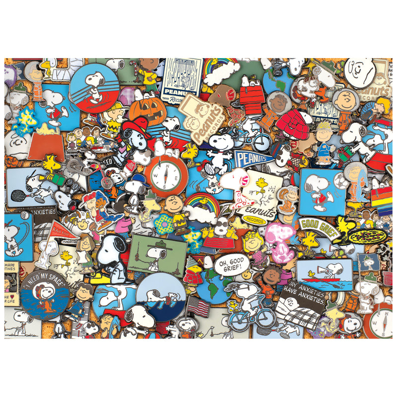 The ROSEART - PEANUTS - PEANUTS PINS - 1000 PIECE JIGSAW PUZZLE features Snoopy, Charlie Brown, and friends in a vibrant, colorful pin display—perfect for fans of classic Peanuts characters.