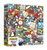 The ROSEART PEANUTS Pins 1000 Piece Jigsaw Puzzle features a vibrant collage of Snoopy, Peanuts cartoon images, and collectible PEANUTS pins.