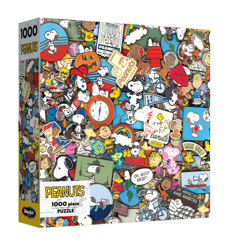 The ROSEART PEANUTS Pins 1000 Piece Jigsaw Puzzle features a vibrant collage of Snoopy, Peanuts cartoon images, and collectible PEANUTS pins.