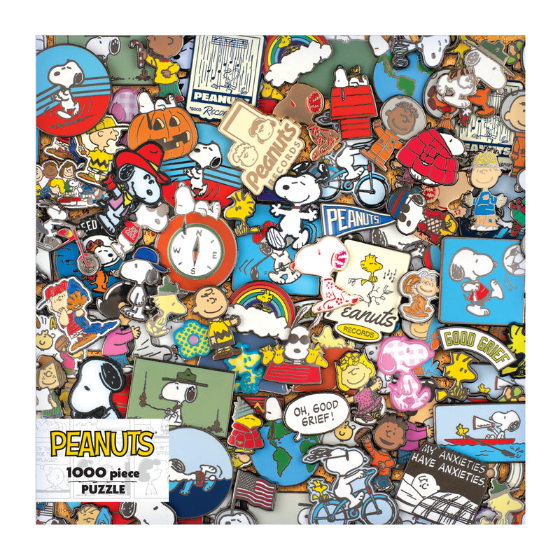ROSEART - PEANUTS - PEANUTS PINS 1000 PIECE JIGSAW PUZZLE features a colorful collage of Peanuts pins and illustrations, with Snoopy, Charlie Brown, and classic logos for nostalgic fun and quality in every piece.