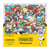 The ROSEART PEANUTS PINS 1000-piece jigsaw puzzle features a colorful collage of Peanuts pins, mostly Snoopy, on a yellow background, with visible puzzle box and branding details.