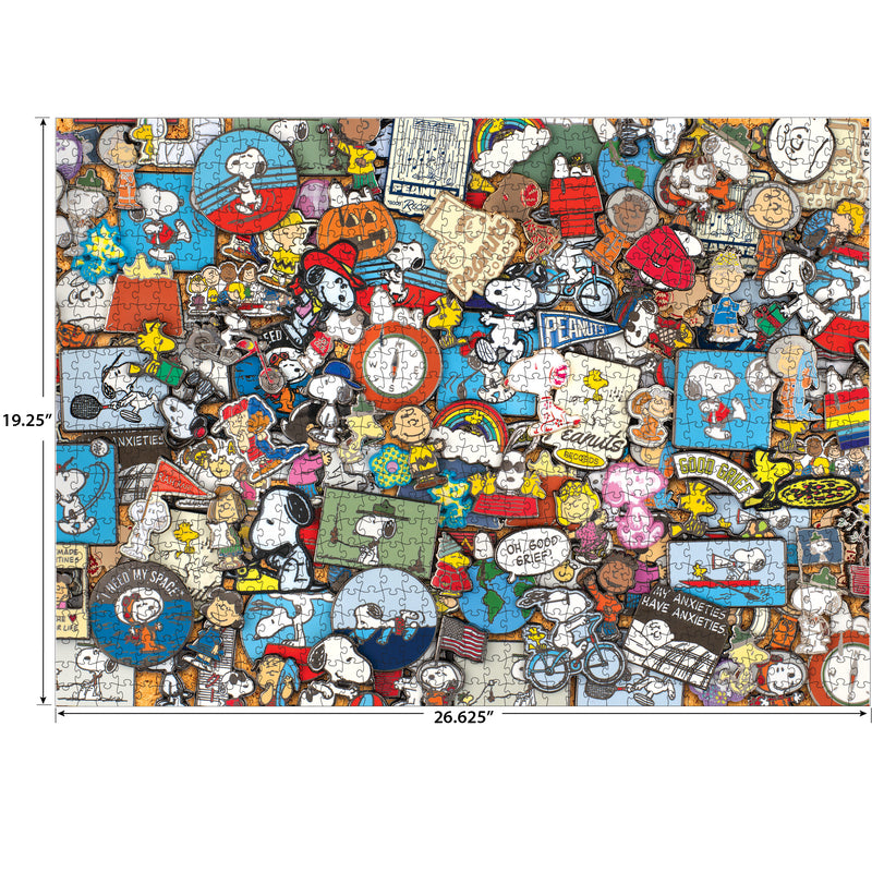 The ROSEART PEANUTS PINS 1000 piece jigsaw puzzle features colorful images of Snoopy, Woodstock, and more; finished size is 19.25 x 26.625 inches.