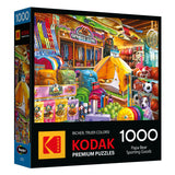 The ROSEART-KODAK PREMIUM-PAPA BEAR SPORTING GOODS-1000 PIECE JIGSAW PUZZLE showcases a vibrant illustration of a bustling store brimming with camping and sports gear.