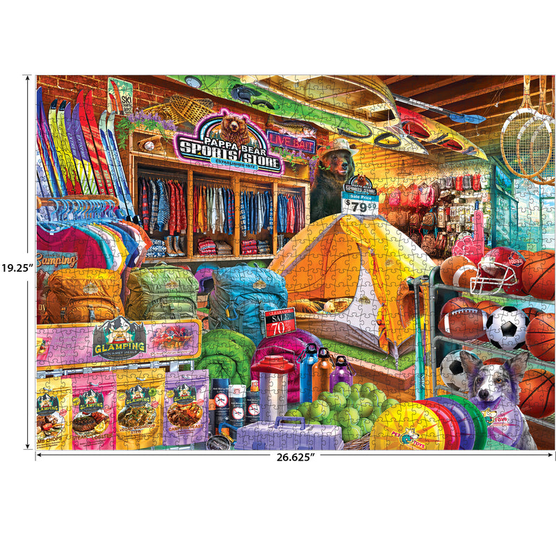 The ROSEART-KODAK PREMIUM-PAPA BEAR SPORTING GOODS-1000 PIECE JIGSAW PUZZLE shows a bright store scene with camping gear, sports equipment, outdoor supplies, a yellow tent, and a stuffed bear. Puzzle size is 19.25" x 26.625".