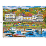 The ROSEART-KODAK PREMIUM Lake Resort 1000 piece jigsaw puzzle depicts a scenic lake resort with boats, people on the lawn, and a grand building on a tree-covered hillside. Dimensions are clearly marked for easy reference.