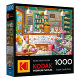 Enjoy hours of relaxing fun with the ROSEART-KODAK PREMIUM-SOAP & CANDLE SHOP-1000 PIECE JIGSAW PUZZLE, featuring a colorful shop full of soaps, candles, flowers, and a sleeping dog. Perfect for puzzle lovers!.