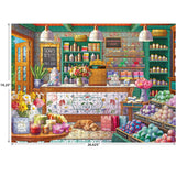 The ROSEART-KODAK PREMIUM-SOAP & CANDLE SHOP features a vibrant shop interior with shelves of soaps and candles, flowers, and a sleeping dog, available as a 1000 piece jigsaw puzzle measuring 19.25" x 26.625".