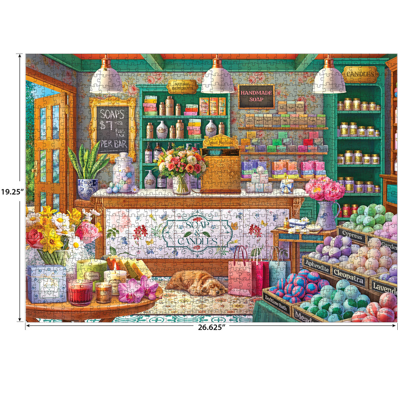 The ROSEART-KODAK PREMIUM-SOAP & CANDLE SHOP features a vibrant shop interior with shelves of soaps and candles, flowers, and a sleeping dog, available as a 1000 piece jigsaw puzzle measuring 19.25" x 26.625".