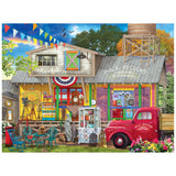 The ROSEART-KODAK PREMIUM: ALL GOOD ANTIQUES 350-piece jigsaw puzzle features a charming vintage shop with antiques, a red pickup, and a wooden water tower—ideal for a nostalgic and inspiring puzzle experience.