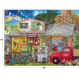 Experience Kodak vibes with the ROSEART-KODAK PREMIUM ALL GOOD ANTIQUES 350-piece jigsaw puzzle, featuring a colorful general store, vintage red truck, outdoor seating, and antiques.