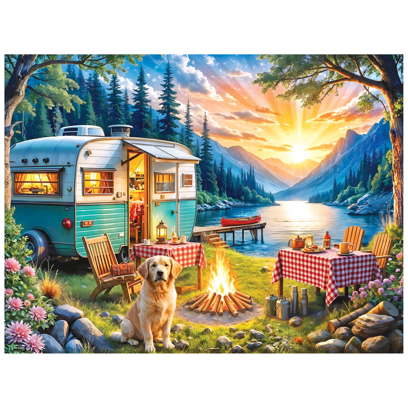 A vintage camper, campfire, and golden retriever by a lake at sunrise with pine trees and mountains—an inviting scene from the ROSEART-KODAK PREMIUM-SUNSET CAMPER WITH GOLDEN RETRIEVER 350 piece jigsaw puzzle.