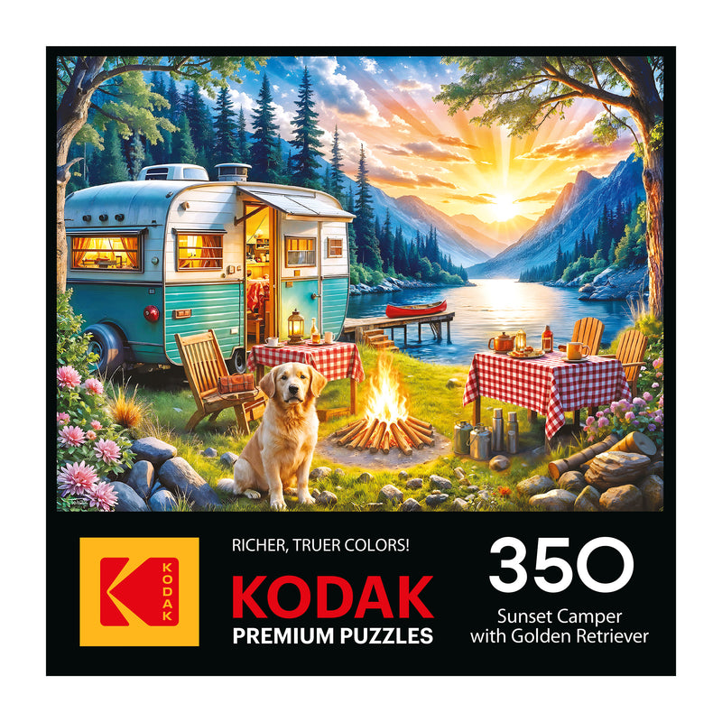 The ROSEART-KODAK PREMIUM Sunset Camper with Golden Retriever 350 Piece Jigsaw Puzzle features a lakeside campsite at sunset with a camper, campfire, picnic tables, and golden retriever—perfect for relaxing puzzle nights.