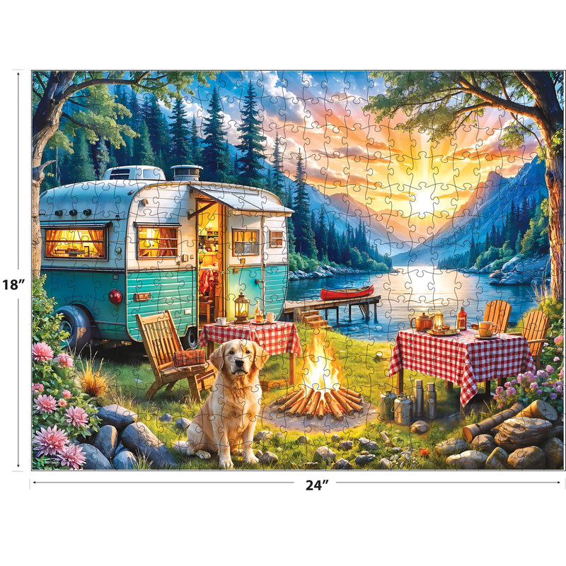 Enjoy the ROSEART-KODAK Premium "Sunset Camper with Golden Retriever" 350-piece jigsaw puzzle (18"x24"), featuring a vintage camper by a lake, campfire, picnic tables, and dog, set amid mountains, trees, and a sunset sky. Perfect for puzzle lovers!.