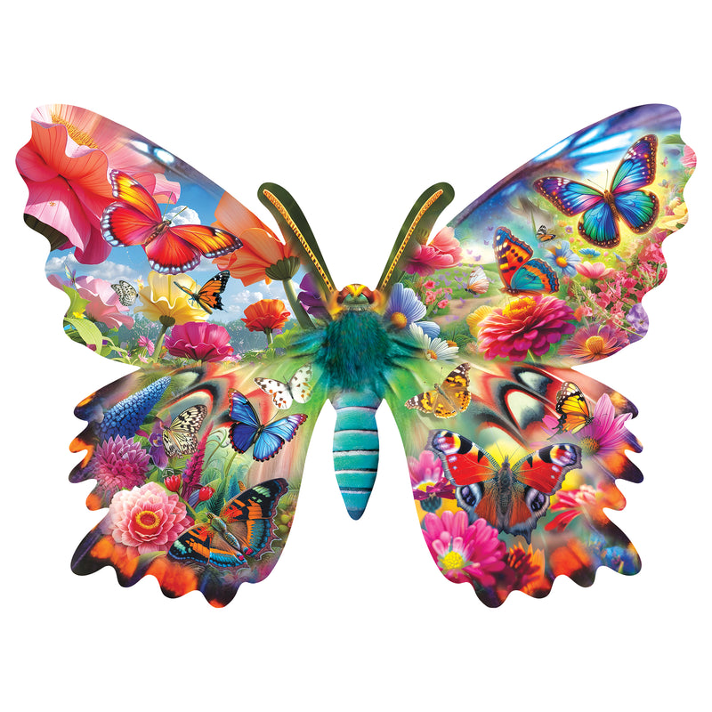 Enjoy the ROSEART-BIG SHAPED-SPRING BUTTERFLY 500 piece jigsaw puzzle, featuring a vibrant butterfly with colorful flowers, butterflies, and nature scenes on a white background—perfect for springtime puzzling fun.