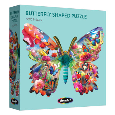 The ROSEART-BIG SHAPED-SPRING BUTTERFLY-500 PIECE JIGSAW PUZZLE features a colorful butterfly design with wings full of vibrant flowers and butterflies, perfect for springtime puzzling fun.