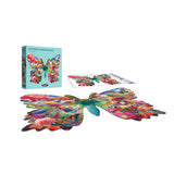 The ROSEART-BIG SHAPED-SPRING BUTTERFLY-500 PIECE JIGSAW PUZZLE features vibrant, colorful patterns and forms a stunning spring butterfly when completed, displayed beside its box and reference sheet.