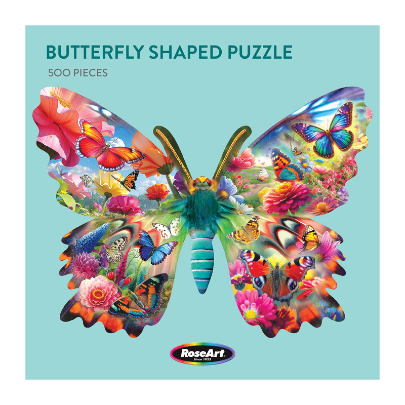 The ROSEART-BIG SHAPED-SPRING BUTTERFLY-500 PIECE JIGSAW PUZZLE is a butterfly-shaped puzzle featuring vibrant butterflies and flowers on its wings, plus the iconic ROSEART branding at the bottom.