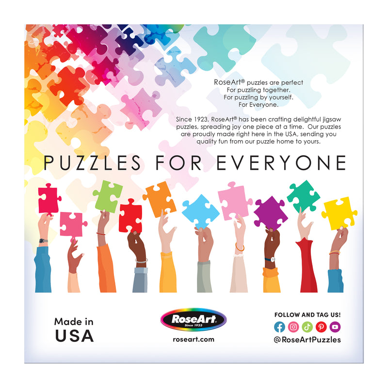 Illustration of diverse hands with colorful puzzle pieces and "Puzzles for Everyone" text, highlighting the ROSEART-BIG SHAPED-SPRING BUTTERFLY-500 PIECE JIGSAW PUZZLE with vibrant spring butterfly designs.