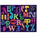 The ROSEART-ALPHABET PUZZLE 500-Piece Jigsaw Puzzle features colorful, decorative alphabet letters arranged like a puzzle on a dark background with subtle leaf patterns.