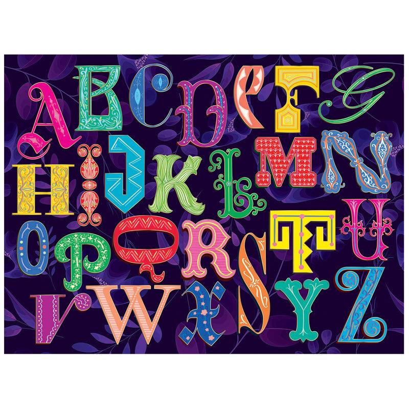The ROSEART-ALPHABET PUZZLE 500-Piece Jigsaw Puzzle features colorful, decorative alphabet letters arranged like a puzzle on a dark background with subtle leaf patterns.