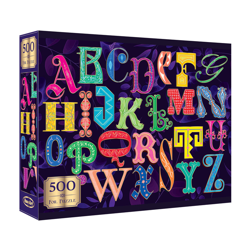 The ROSEART-ALPHABET PUZZLE-500 PIECE JIGSAW PUZZLE features a vibrant alphabet design on a dark background, with each ornately decorated letter—perfect for puzzle enthusiasts and alphabet fans.