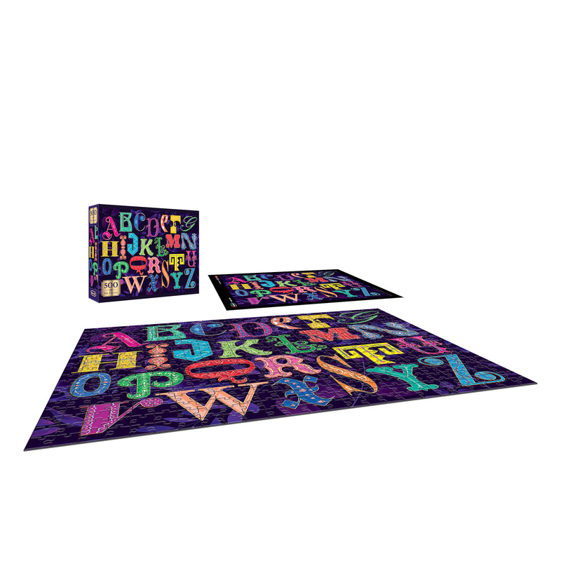 The ROSEART-ALPHABET PUZZLE 500 Piece Jigsaw Puzzle is displayed completed, partially assembled, and in its box against a white background.