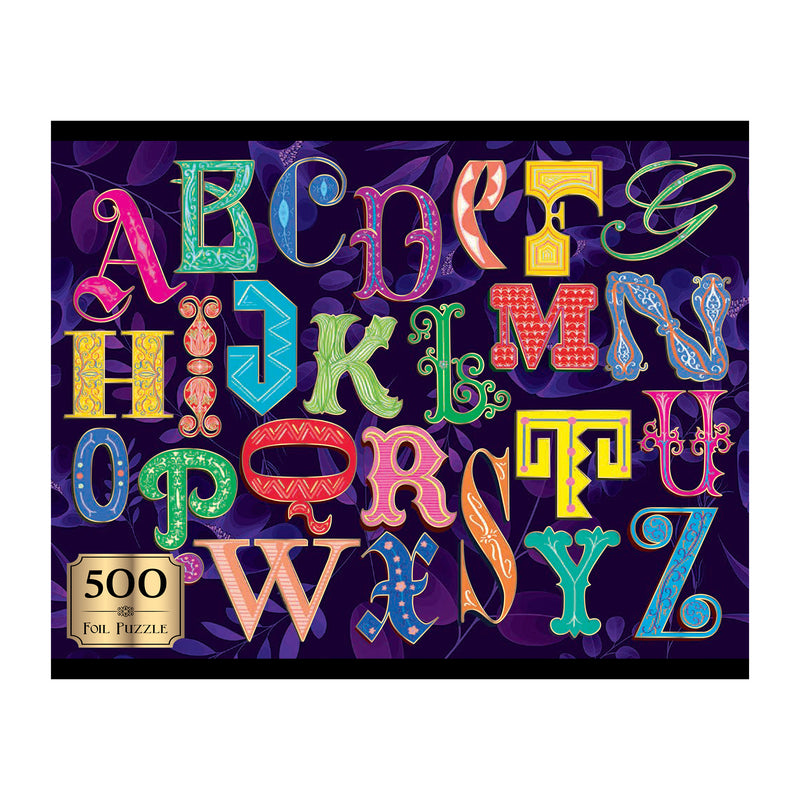 The ROSEART-ALPHABET PUZZLE 500 piece jigsaw features ornate, colorful capital letters on a dark purple background with a "500 Foil Puzzle" label in the lower left corner.