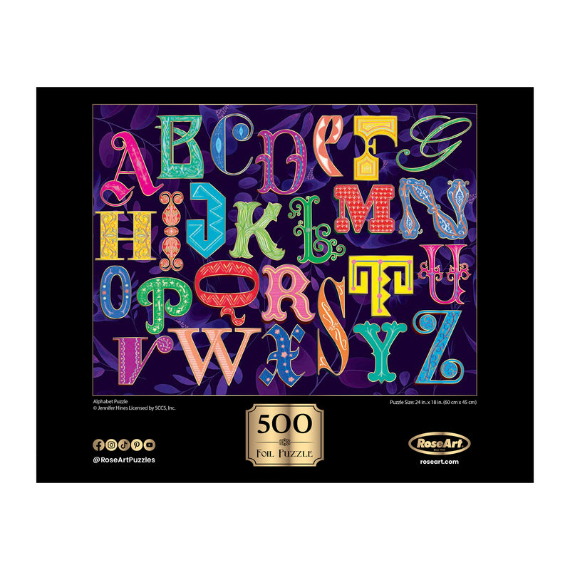 Colorful, ornate alphabet letters arranged in rows on a dark background; labeled as ROSEART-ALPHABET PUZZLE-500 PIECE JIGSAW PUZZLE.