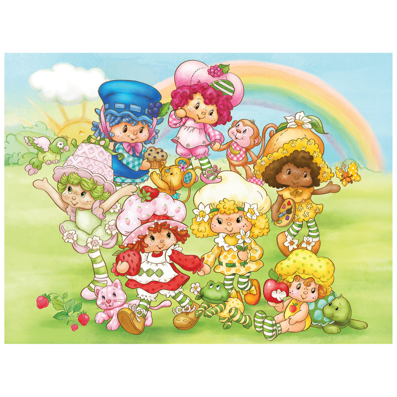 A cheerful group of cartoon kids in fruit outfits, animals, flowers, and a rainbow come together in the ROSEART-STRAWBERRY SHORTCAKE-BERRY BESTIES 300 piece jigsaw puzzle.