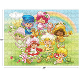 The ROSEART-Strawberry Shortcake-Berry Besties 300-piece jigsaw puzzle (24"x18") features cartoon kids in fruit and flower outfits, cute animals, and a rainbow—ideal for Strawberry Shortcake fans!.