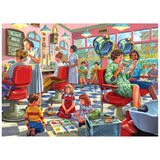 The ROSEART-BACK TO THE PAST-HAIRDRESSER BEAUTY PARLOR-1000 PIECE JIGSAW PUZZLE depicts a lively vintage beauty parlor with women getting styled, hairdressers at work, and children playing on the floor.