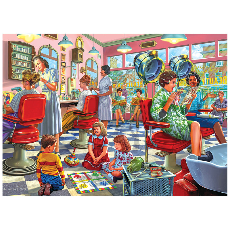 The ROSEART-BACK TO THE PAST-HAIRDRESSER BEAUTY PARLOR-1000 PIECE JIGSAW PUZZLE depicts a lively vintage beauty parlor with women getting styled, hairdressers at work, and children playing on the floor.