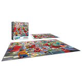 A completed ROSEART-BACK TO THE PAST-HAIRDRESSER BEAUTY PARLOR 1000-piece puzzle is shown, featuring a vibrant barbershop and beauty parlor scene, with the box and unassembled pieces visible in the background.