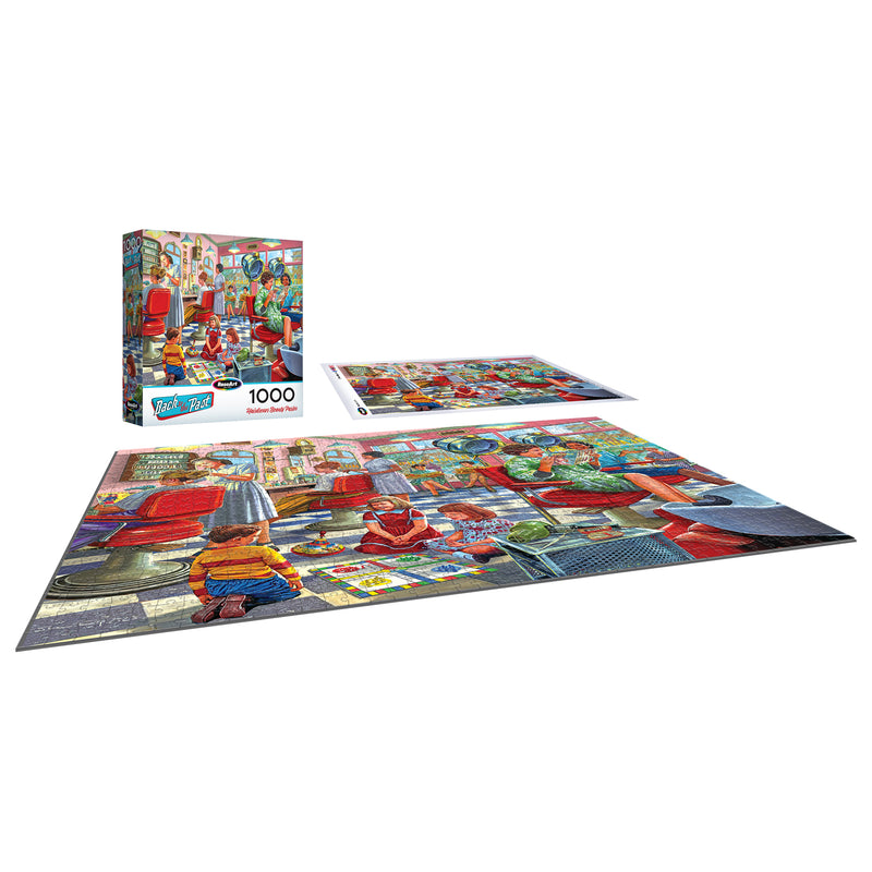 A completed ROSEART-BACK TO THE PAST-HAIRDRESSER BEAUTY PARLOR 1000-piece puzzle is shown, featuring a vibrant barbershop and beauty parlor scene, with the box and unassembled pieces visible in the background.