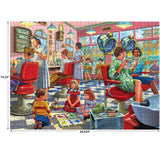 The ROSEART Back to the Past Hairdresser Beauty Parlor is a 1000 piece jigsaw puzzle featuring a vintage salon scene with women and children. Completed size is 19.25" x 26.625", perfect for all ages to enjoy.