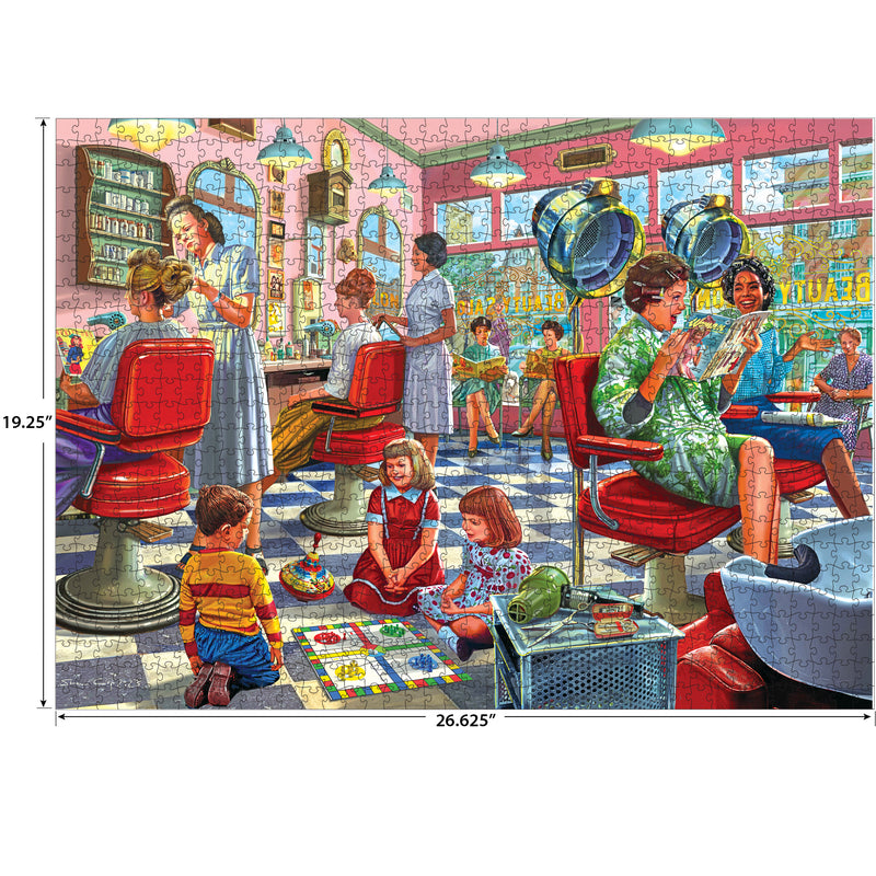 The ROSEART Back to the Past Hairdresser Beauty Parlor is a 1000 piece jigsaw puzzle featuring a vintage salon scene with women and children. Completed size is 19.25" x 26.625", perfect for all ages to enjoy.