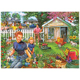 A family gardens together—mom weeds, a child waters plants, dad mows, and another child plays by the shed—in the vibrant ROSEART-BACK TO THE PAST-GARDENING WITH MOM-1000 PIECE JIGSAW PUZZLE.