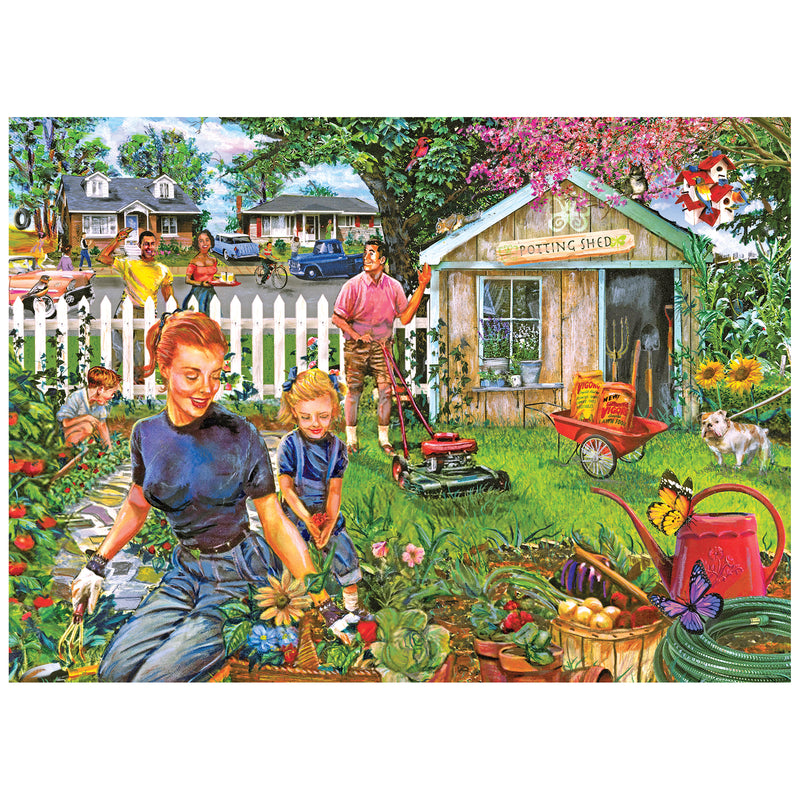 A family gardens together—mom weeds, a child waters plants, dad mows, and another child plays by the shed—in the vibrant ROSEART-BACK TO THE PAST-GARDENING WITH MOM-1000 PIECE JIGSAW PUZZLE.
