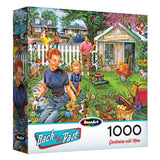 The ROSEART-BACK TO THE PAST-GARDENING WITH MOM 1000-piece jigsaw puzzle features a family gardening in a yard with a white fence, shed, flowers, and gardening tools.