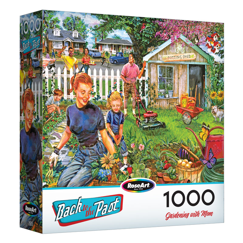 The ROSEART-BACK TO THE PAST-GARDENING WITH MOM 1000-piece jigsaw puzzle features a family gardening in a yard with a white fence, shed, flowers, and gardening tools.