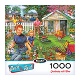 A mother and her children garden in a bright backyard on the ROSEART-BACK TO THE PAST-GARDENING WITH MOM 1000 piece jigsaw puzzle, featuring a white fence, shed, and tools.