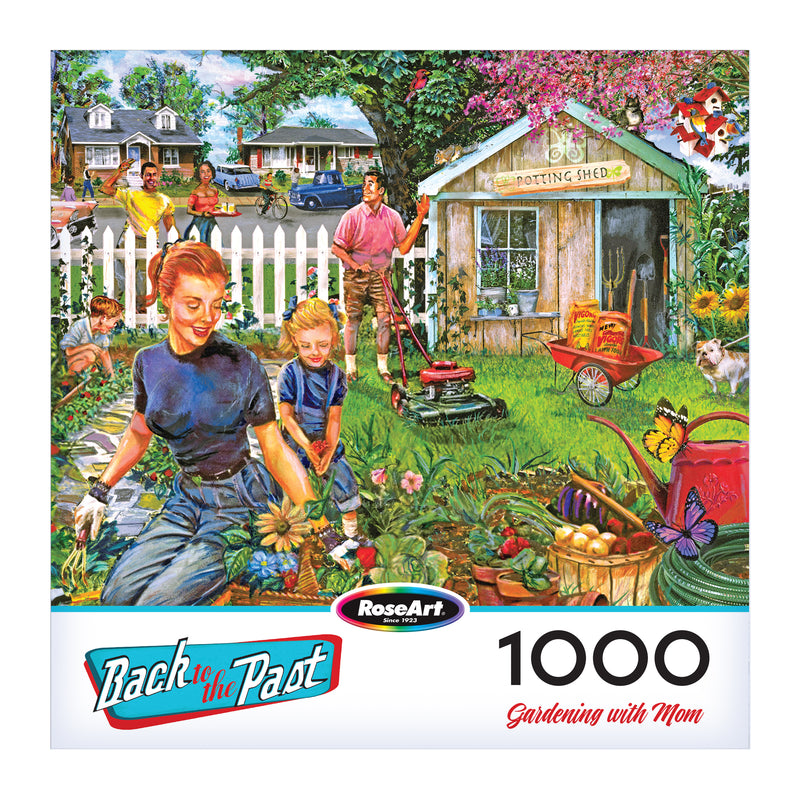 A mother and her children garden in a bright backyard on the ROSEART-BACK TO THE PAST-GARDENING WITH MOM 1000 piece jigsaw puzzle, featuring a white fence, shed, and tools.