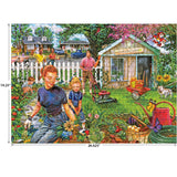 Enjoy quality family time assembling the ROSEART-BACK TO THE PAST-GARDENING WITH MOM-1000 PIECE JIGSAW PUZZLE, featuring a charming backyard scene with gardening tools, a shed, houses, a white picket fence, and marked dimensions.