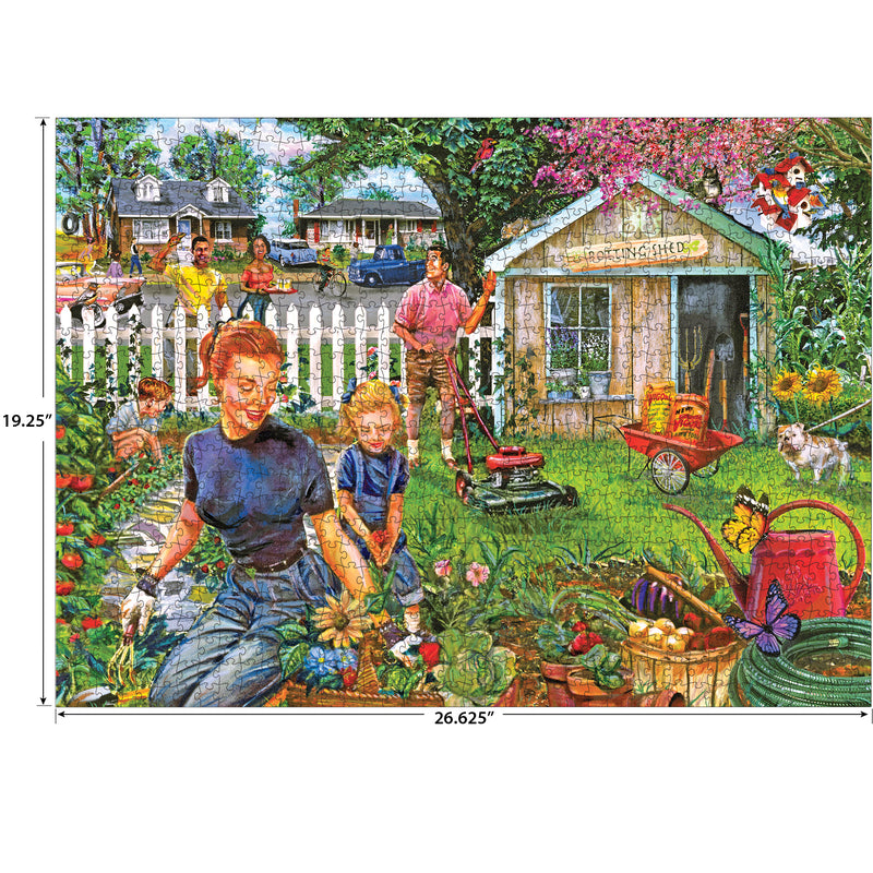 Enjoy quality family time assembling the ROSEART-BACK TO THE PAST-GARDENING WITH MOM-1000 PIECE JIGSAW PUZZLE, featuring a charming backyard scene with gardening tools, a shed, houses, a white picket fence, and marked dimensions.