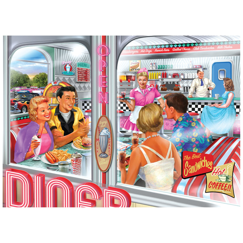 Relive the '50s with the ROSEART-BACK TO THE PAST-DINER DOUBLE DATE 1000 piece jigsaw puzzle, featuring a retro diner scene with neon signs, vintage cars, and vibrant decor.