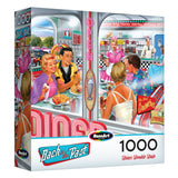 The ROSEART-BACK TO THE PAST-DINER DOUBLE DATE-1000 PIECE JIGSAW PUZZLE features a vibrant 1950s diner scene with people dining and waitresses serving food.