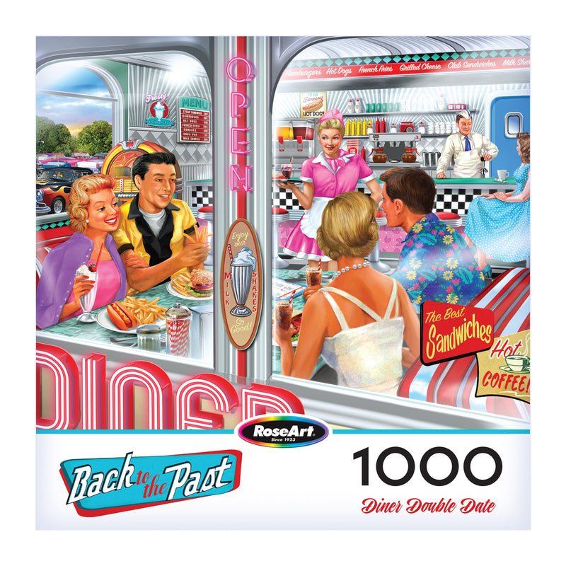 The ROSEART-BACK TO THE PAST-DINER DOUBLE DATE-1000 PIECE JIGSAW PUZZLE showcases a lively 1950s diner scene, perfect for hours of fun assembling its vibrant retro imagery.